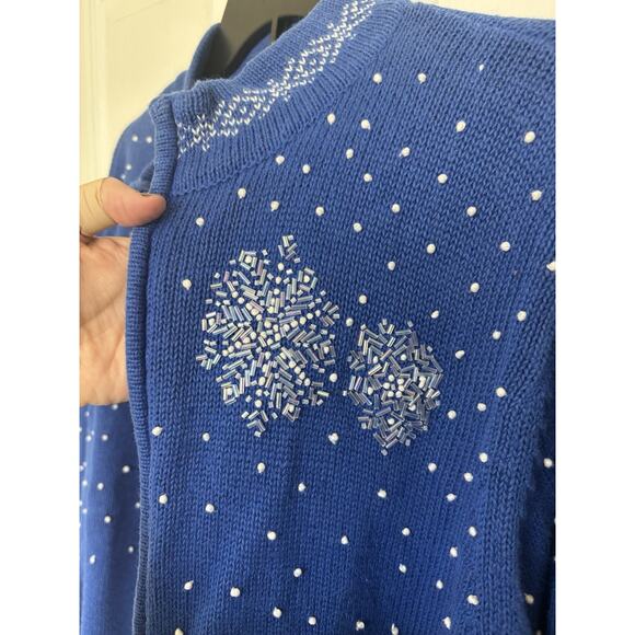VTG Draper’s & Damon’s Blue Beaded Snowflake Full Zip Cardigan Size LP Winter - Picture 6 of 8
